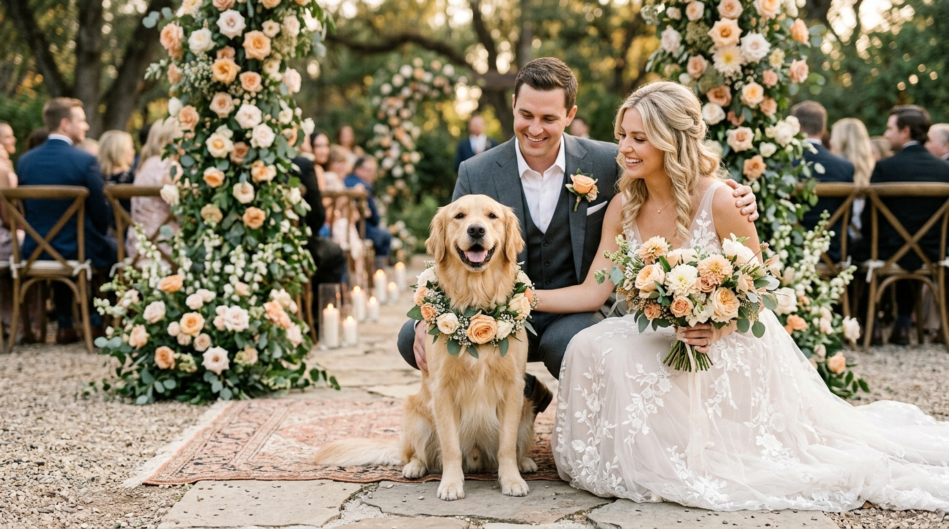 Perro feliz con collar de flores al lado de los novios